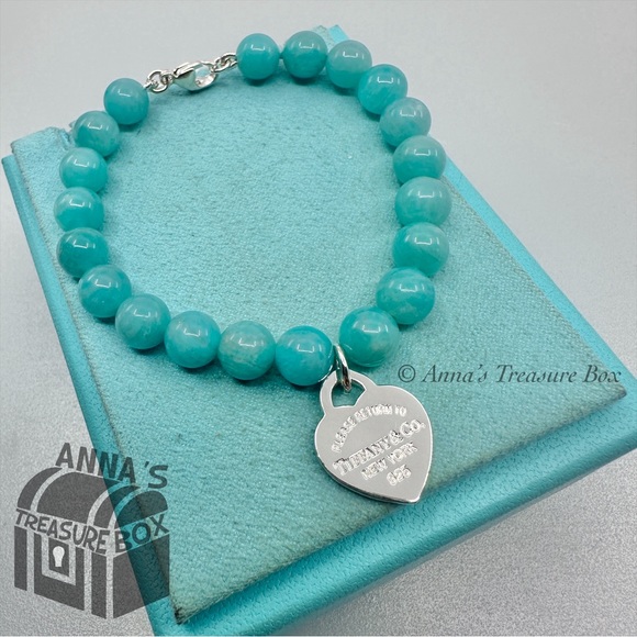 Tiffany & Co. 925 Silver 8mm Amazonite Blue Heart 7” Bracelet (pouch) - Picture 5 of 8